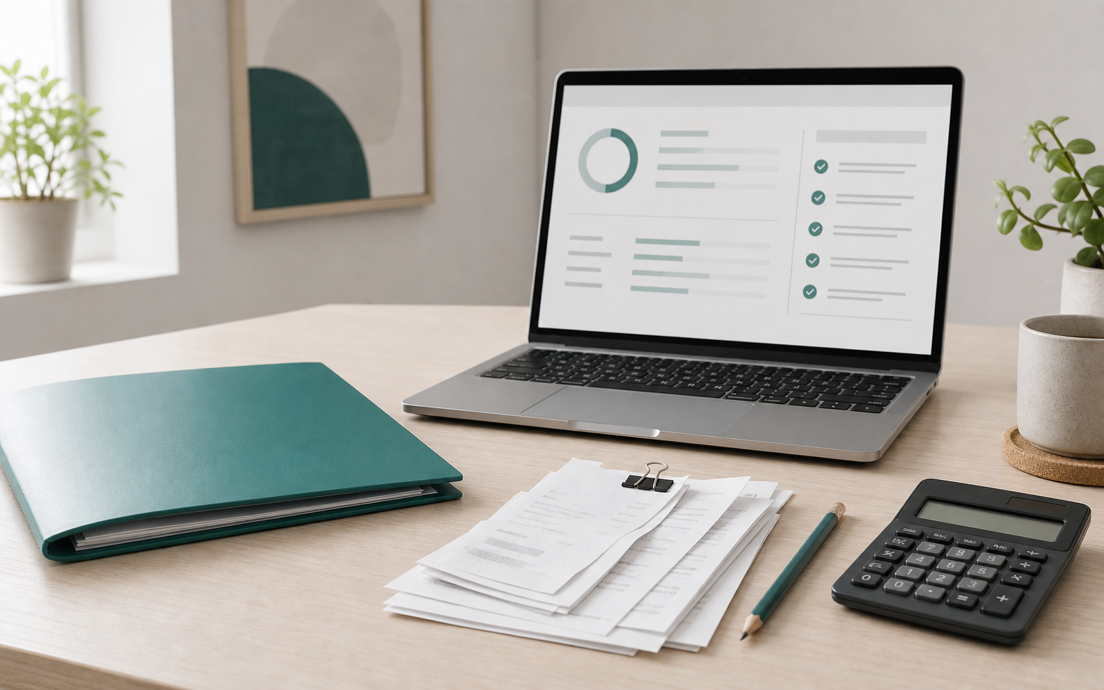 A calm desk with organized records and an abstract readiness dashboard on a laptop.
